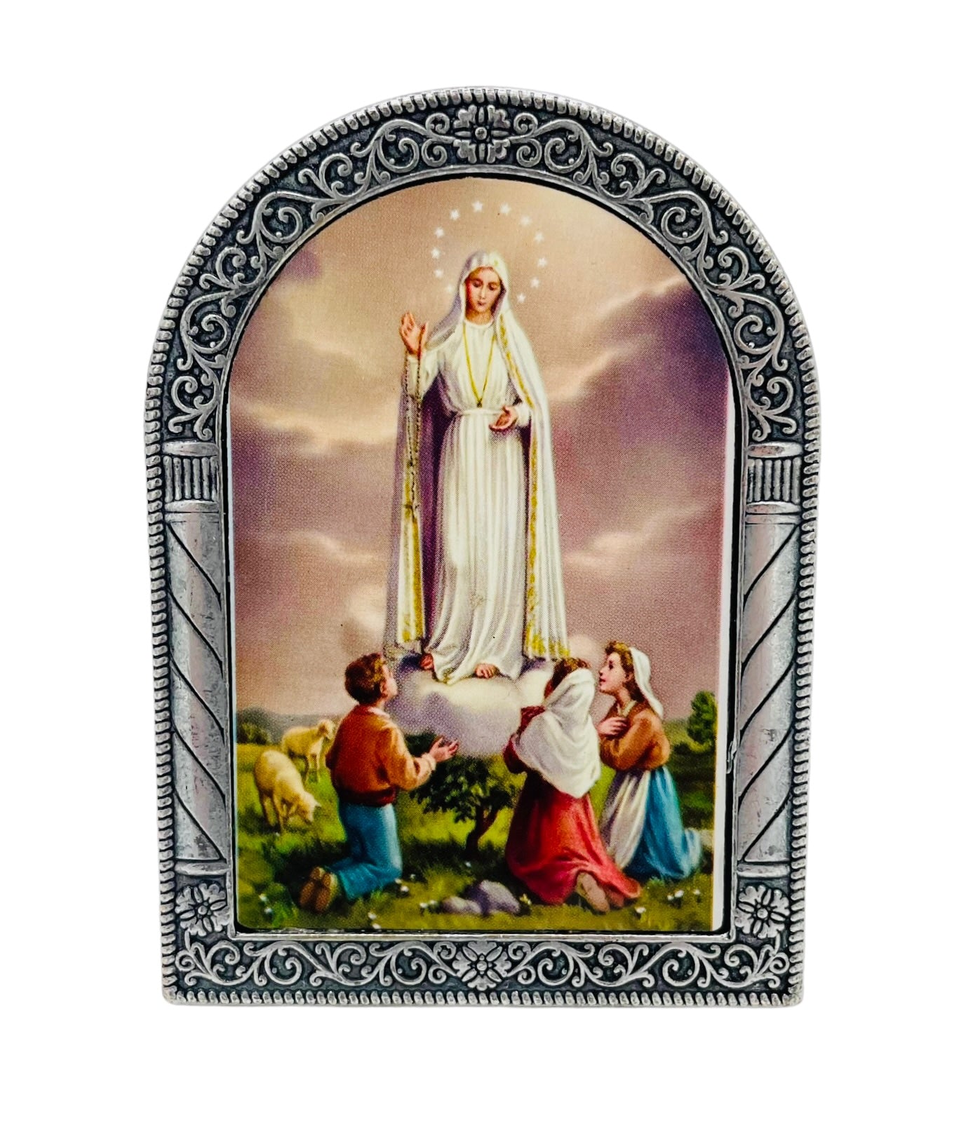 VIRGEN DE FÁTIMA ARCO DE METAL PARA SUPERFICIE PLANA
