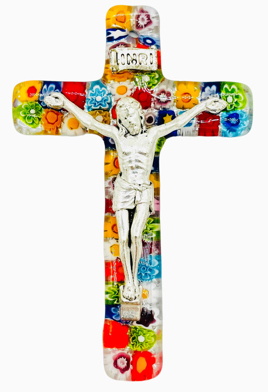 CRUCIFIJO DE CRISTAL DE MURANO FLORES