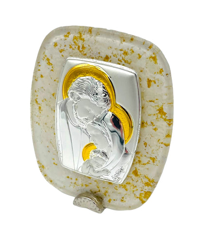 RETABLO DE PLATA CON CRISTAL DE MURANO SAGRADA FAMILIA