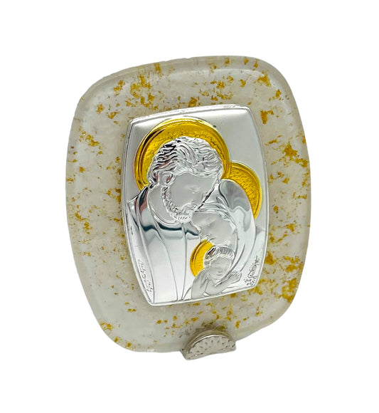 RETABLO DE PLATA CON CRISTAL DE MURANO SAGRADA FAMILIA